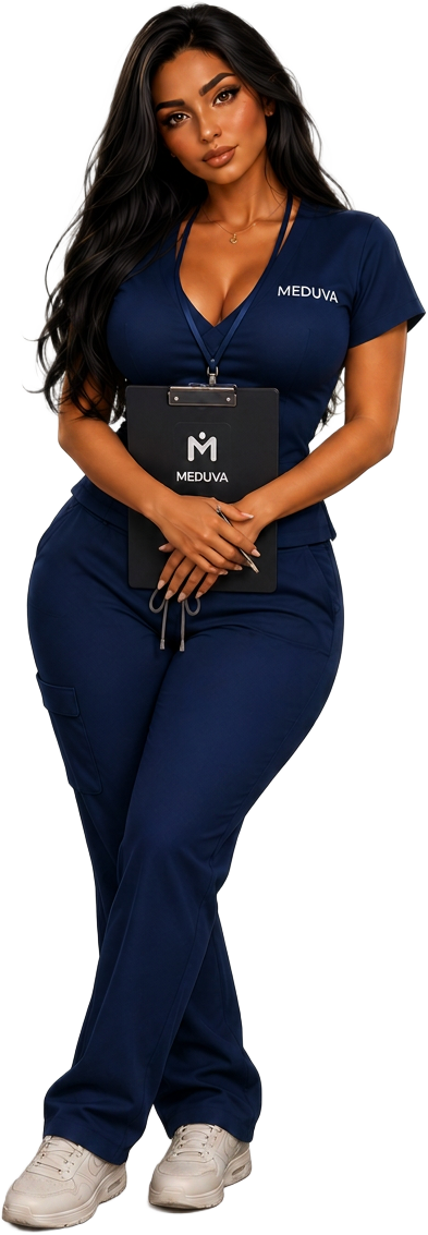 Meduva's instructor in navy MEDUVA scrubs holding a MEDUVA clipboard